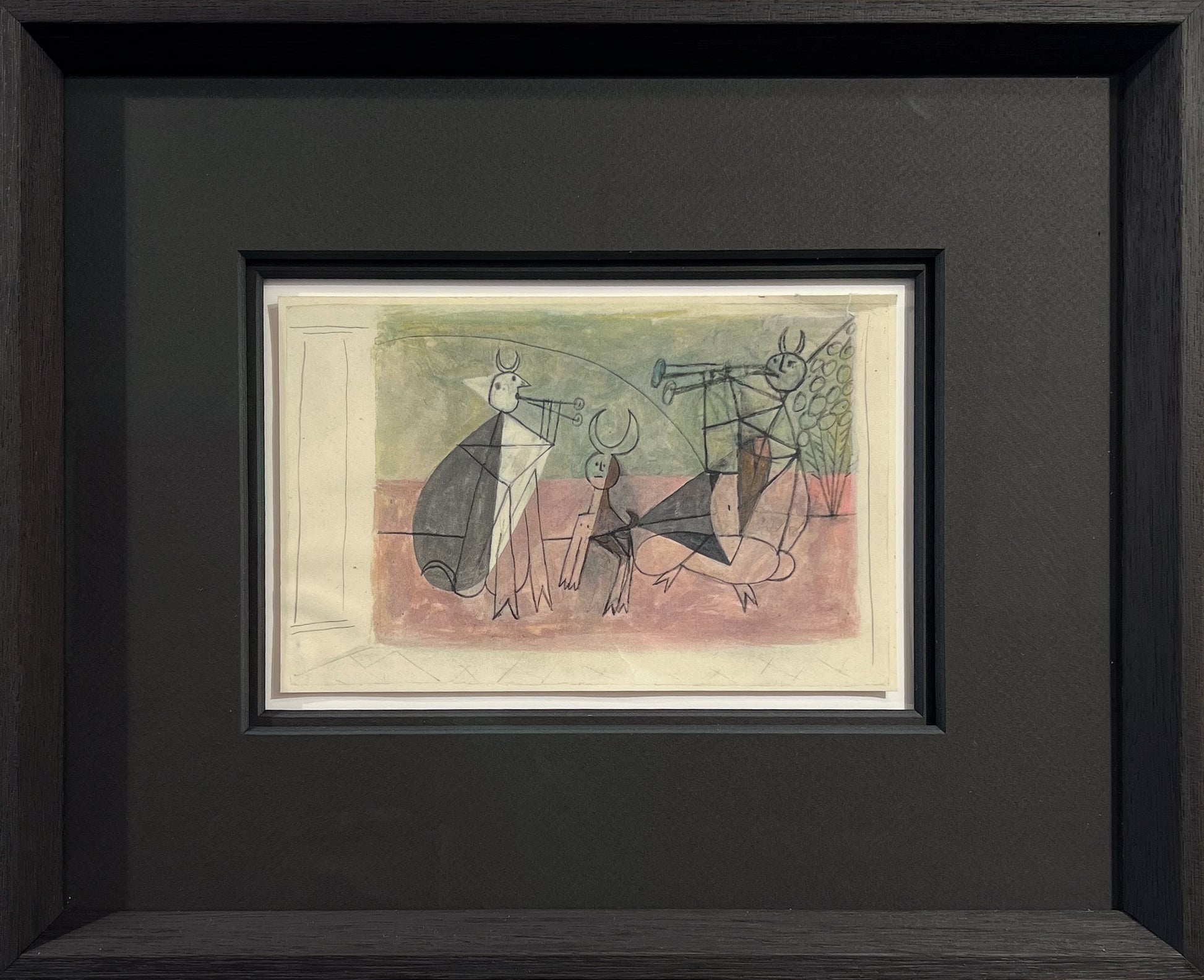 Picasso ink and watercolour drawing of two horned pipers and a goat among foliage on a green and rose ground