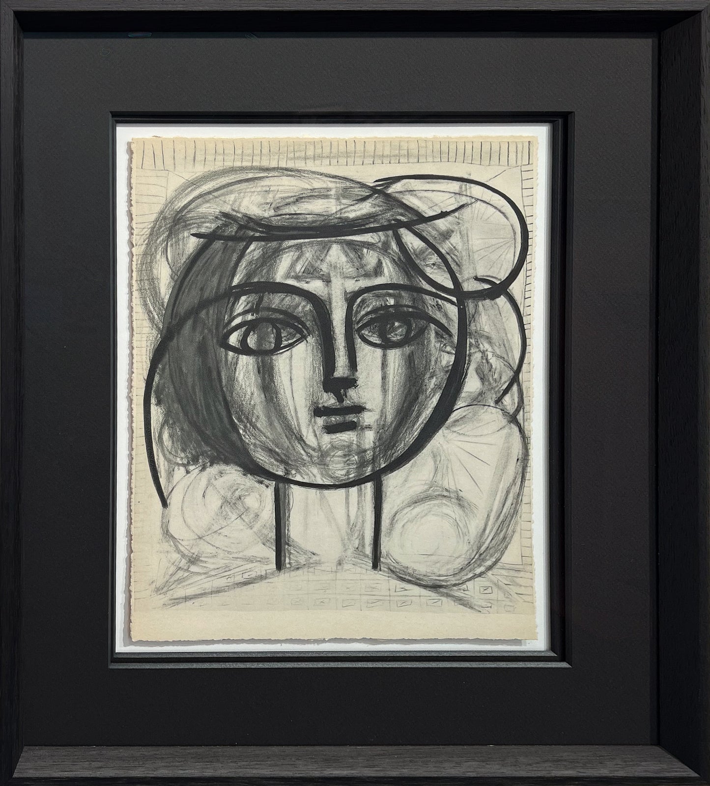 Picasso pencil and crayon portrait drawing of a woman's head with long flowing hair and bold black contour