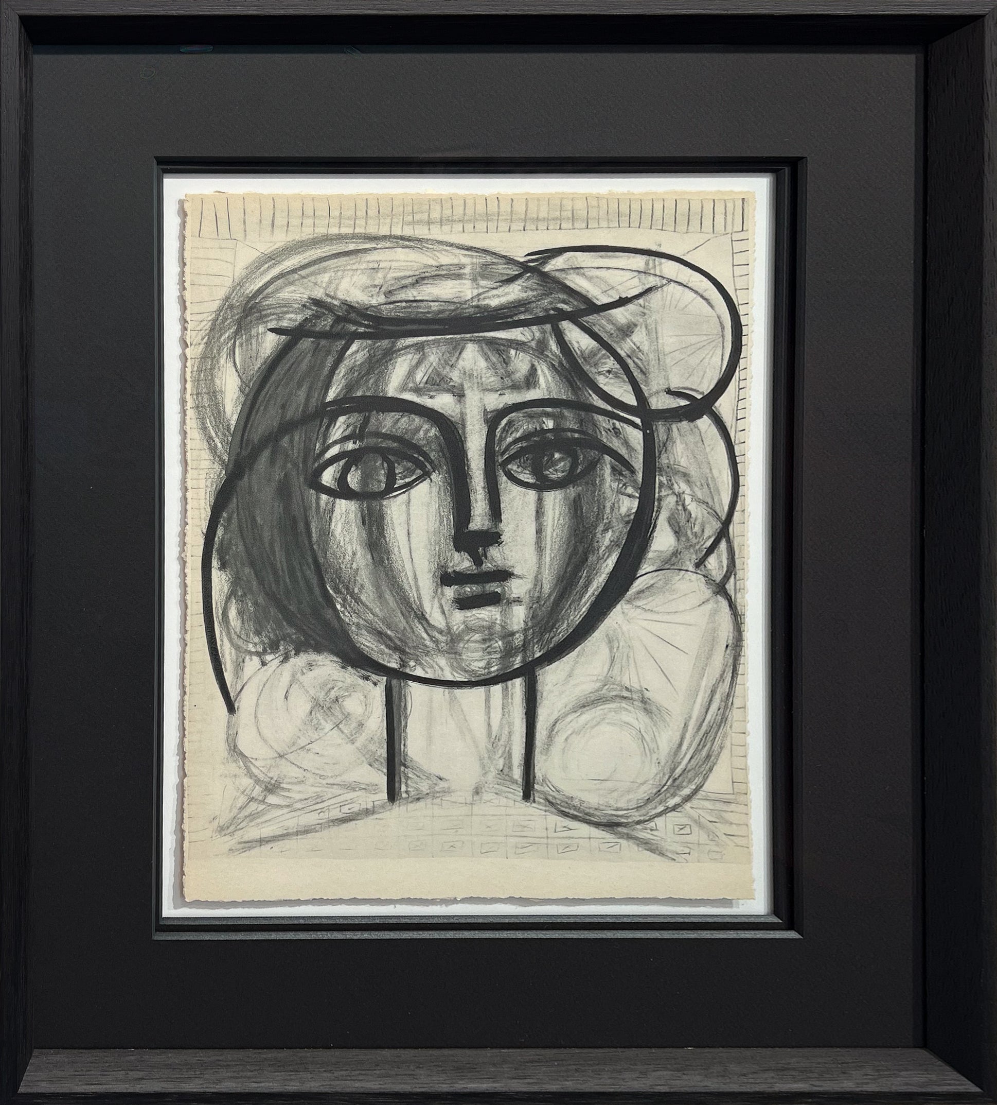Picasso pencil and crayon portrait drawing of a woman's head with long flowing hair and bold black contour