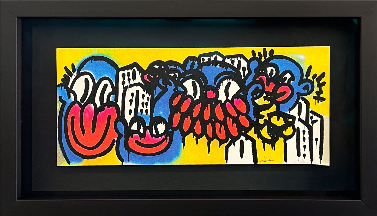 Accra Worldwide, featuring blue and red characters on a bright yellow city background, framed and available now at Creed Gallery, serving Ascot and Virginia Water.