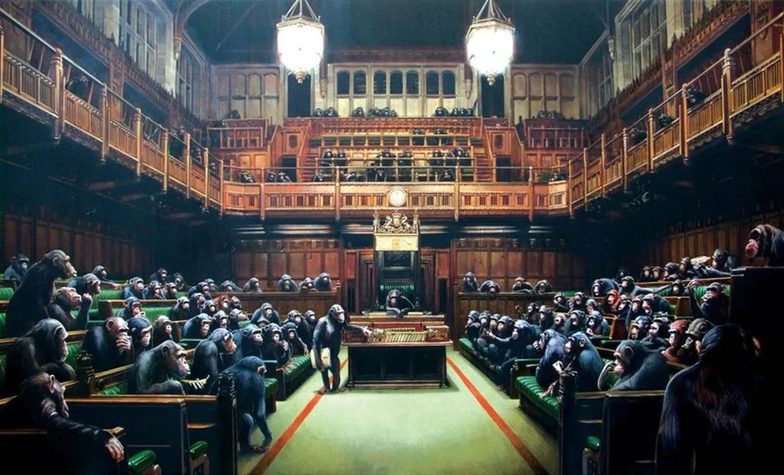 Painting of a formal assembly or debate in a grand hall with wooden furniture and monkeys in formal attire.

urban art

street art

pop art

political art

Monkey Parliament

edition

contemporary art

colourful

British

Bristol Museum

Banksy

For Sale Framed Artwork Surrey 