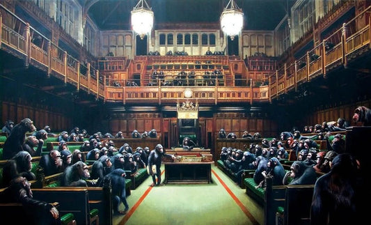Painting of a formal assembly or debate in a grand hall with wooden furniture and monkeys in formal attire.

urban art

street art

pop art

political art

Monkey Parliament

edition

contemporary art

colourful

British

Bristol Museum

Banksy

For Sale Framed Artwork Surrey 