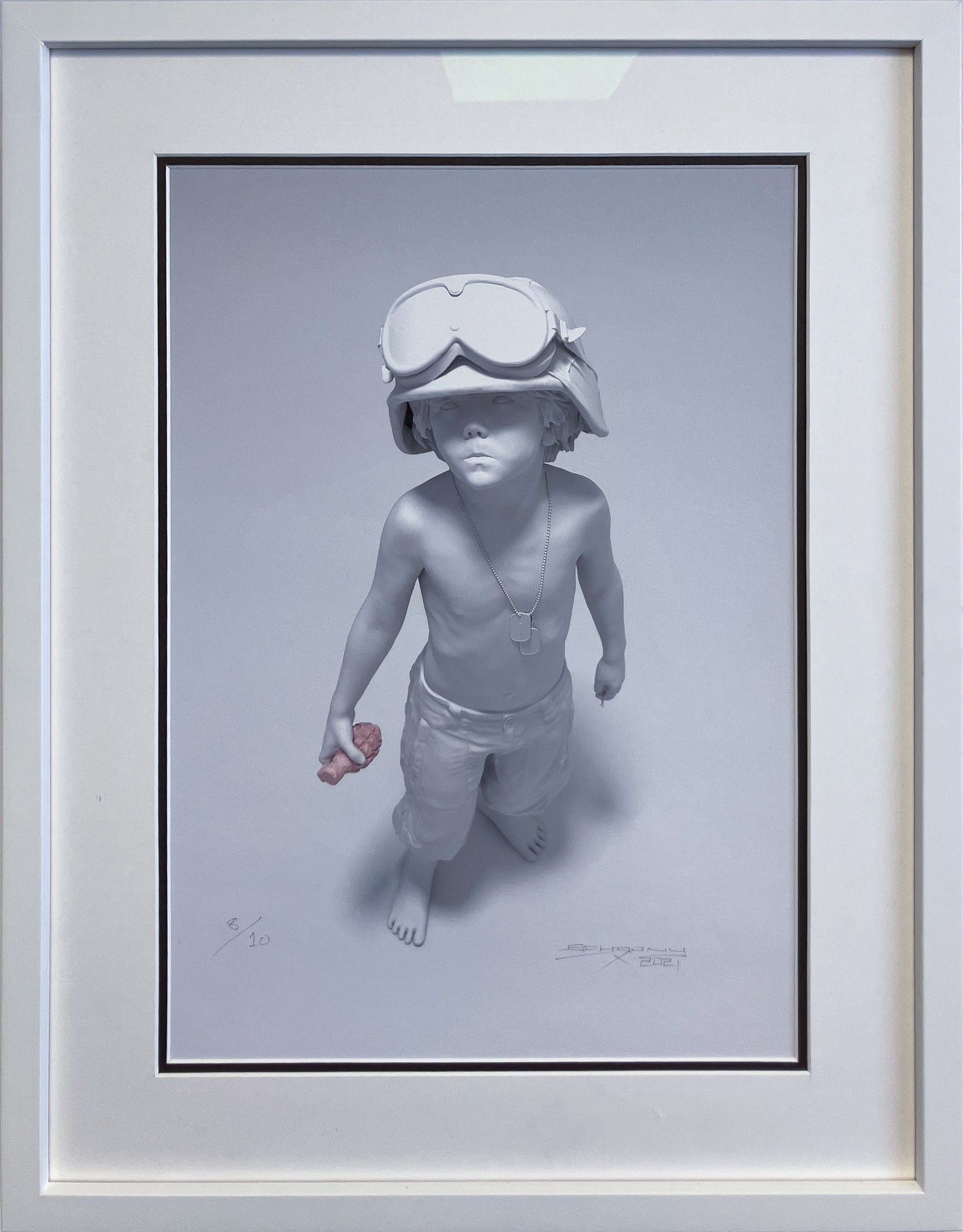 Framed artwork of a child wearing goggles and shorts on a light gray background

war

street art

portrait

pop art

political art

original

fine art

edition

contemporary art

camouflage

Boy Soldier | Rose Gold

Boy Soldier

Schoony

For Sale Ascot 