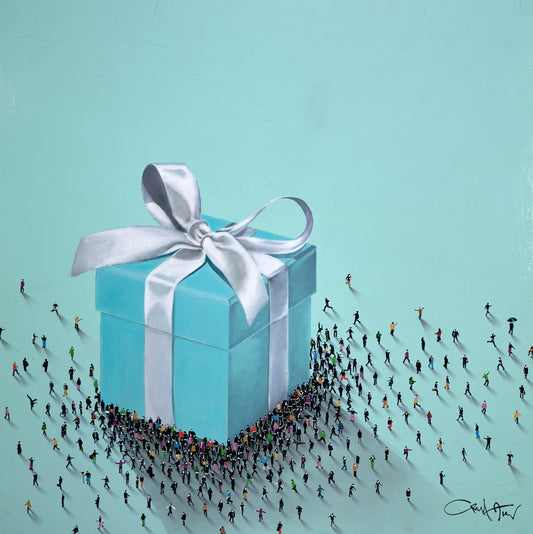 Large blue gift box with a white ribbon surrounded by small people figures on a light blue background

Tiffany's

romance

portrait

pop art

original

optical illusion

Little Blue Box II

icons

Hollywood

engagement

Craig Alan

contemporary art

Framed Artwork For Sale Surrey 