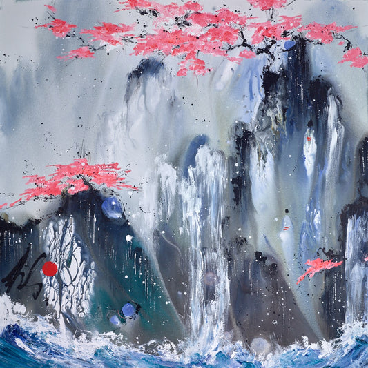 Abstract painting with waterfalls, cherry blossoms, and blue waves.
original landscape floral Falling into Happiness Danielle O'Connor Akiyama contemporary art colourful abstract Surrey Artwork For Sale Framed 