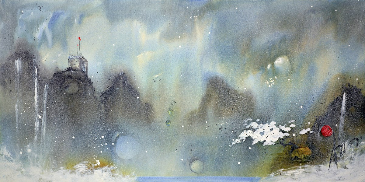 Abstract watercolor painting of a landscape with a tower and red flag.
original landscape History Lessons floral Danielle O'Connor Akiyama contemporary art colourful abstract For Sale Ascot Framed Artwork 