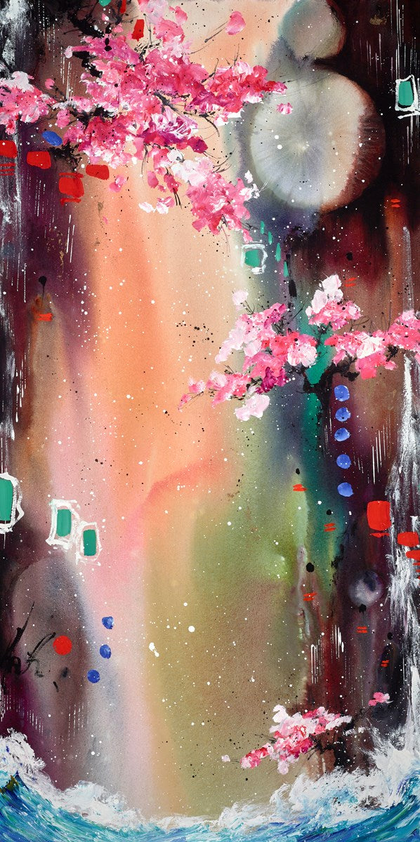 Abstract artwork with pink flowers and colourful background
The Pull of Home original landscape floral Danielle O'Connor Akiyama contemporary art colourful abstract For Sale London Framed Artwork 