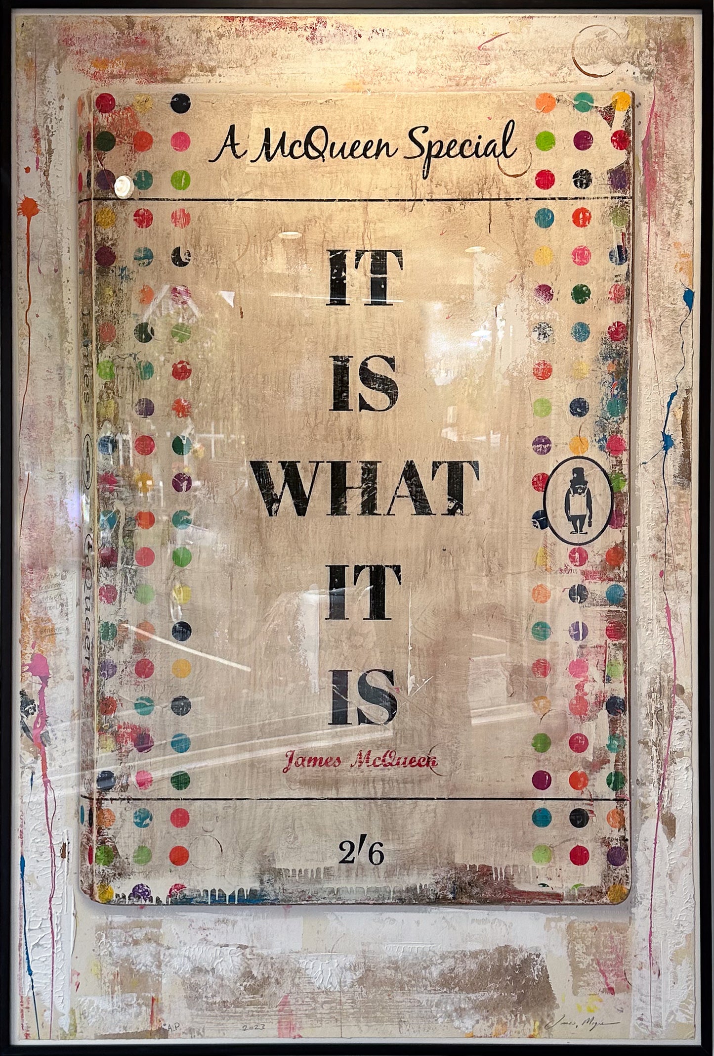 Artistic poster with text 'It is what it is' and colourful polka dot design, inspired by A McQueen Special.
Framed Artwork For Sale Ascot.