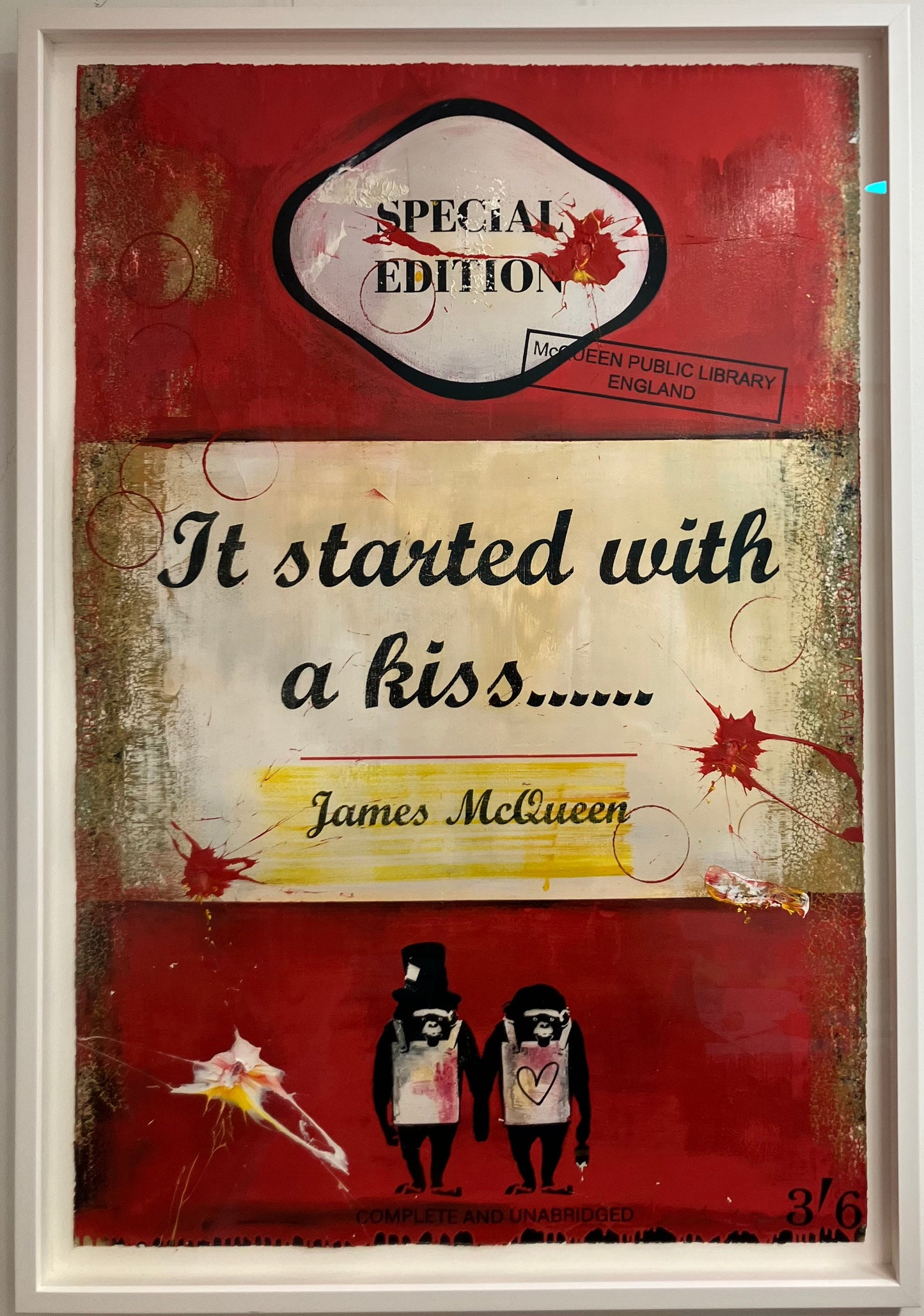 Artistic depiction of a book cover with text and illustrations, featuring a red and white color scheme.

unique

text art

romantic

red

pop art

original

love

James McQueen

It Started With A Kiss

HPM Book

edition

contemporary art

colourful

collector's item

book covers

book

Framed Artwork For Sale Surrey 