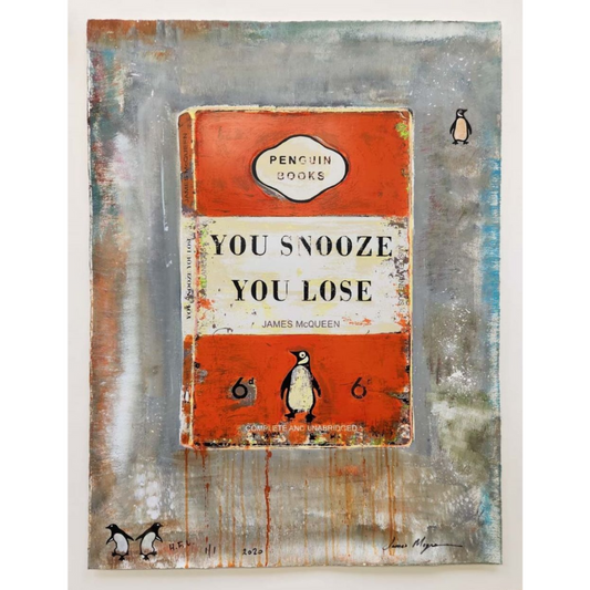 Artistic depiction of a Penguin Books cover with 'You Snooze You Lose' text on a textured background.
Framed Artwork For Sale Surrey.
