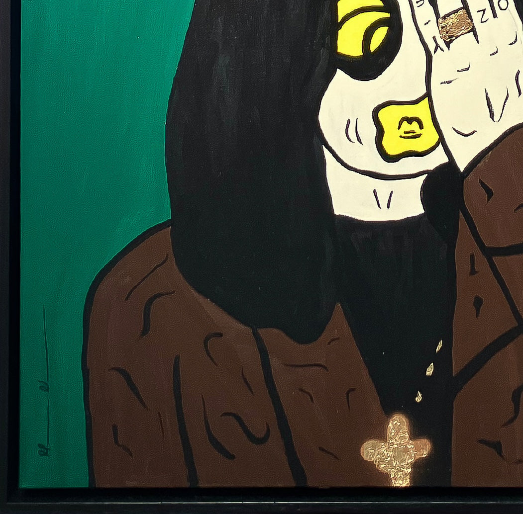 A detailed close-up of the "Emerald" Ozzy Osbourne original painting, highlighting Mason Newman's signature "New Pop" style. The image showcases hand-painted textures, gestural splatters, and gold leaf accents on the iconic heavy metal pioneer's portrait.