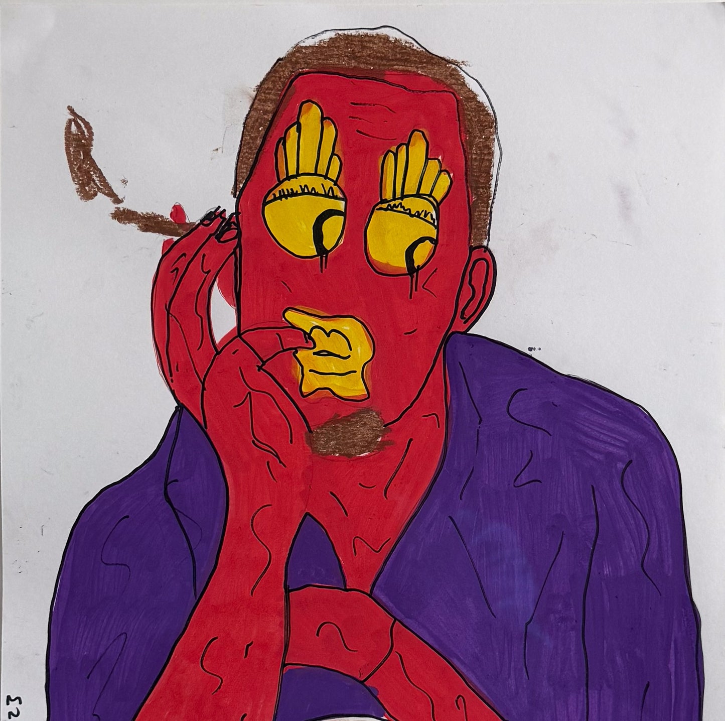 Close-up detail of the Alexander McQueen portrait by Mason Newman, showing the artist's signature "New Pop" aesthetic. The image highlights the bold colours, gestural textures, and the haunting intensity captured in this original marker pen drawing.