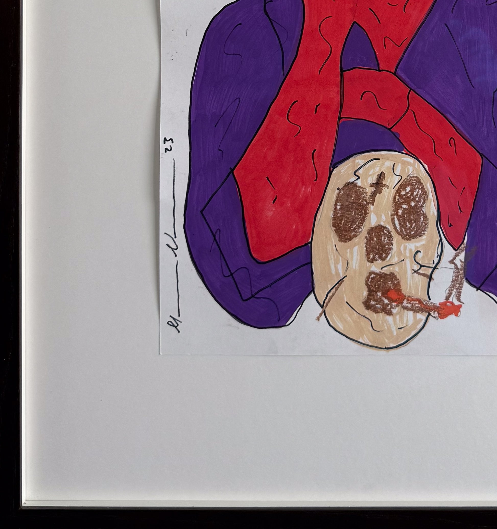 Detailed view of the lower section of "The Greatest Showman," featuring a skull motif synonymous with Alexander McQueen's runway shows. This original work by Forbes 30 Under 30 artist Mason Newman explores the themes of fashion and rebellion.