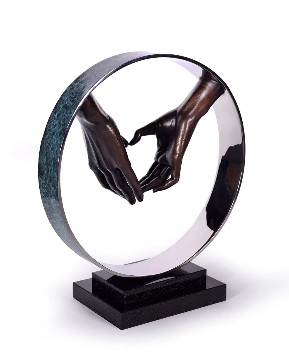 Statue of two hands holding each other within a circular ring 
sculpture portrait Michael Talbot Lasting Love fine art figurative edition contemporary art bronze Ascot For Sale 