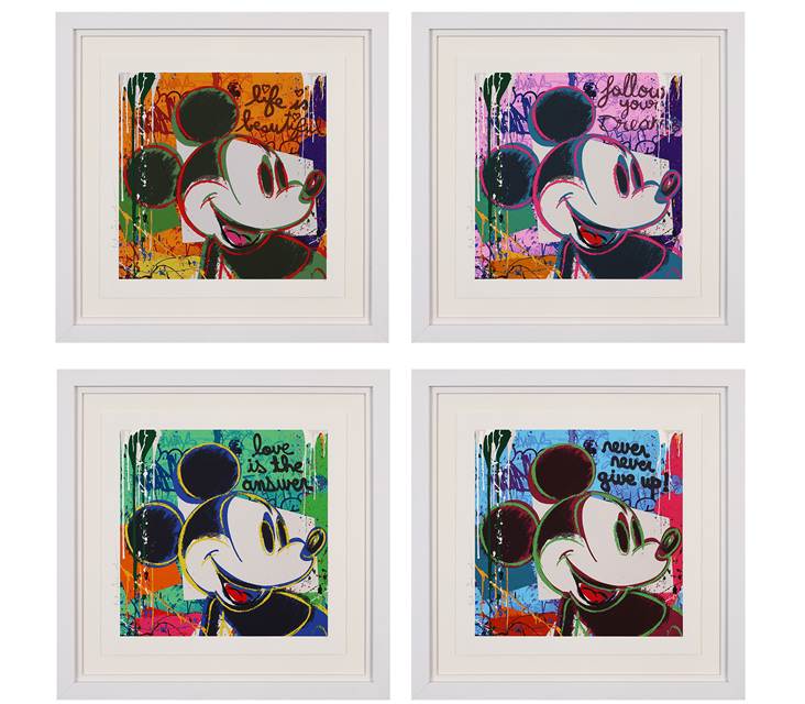 Four framed artworks of a stylized character with colorful backgrounds and text.
street art

spray can

portrait

pop art

nostalgic

Mr. Brainwash

Minnie Mouse

Mickey Mouse

love

global release

gift ideas

Forever Minnie

Exclusive

edition

Disney x Mr Brainwash

Disney

contemporary art

cityscape

Christmas

Bright Shades of Mickey

A World Full of Wonder

For Sale Surrey 