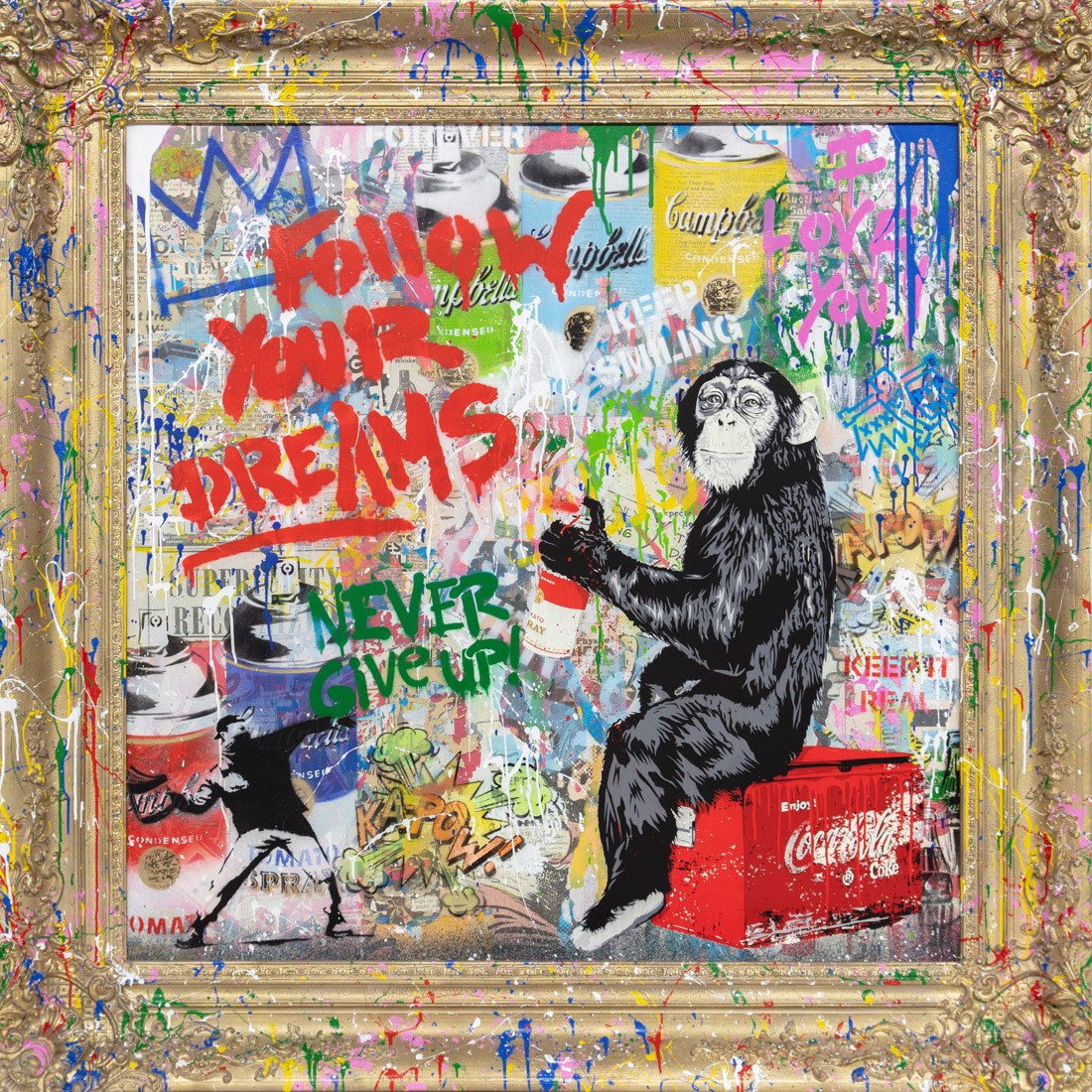 Artistic collage with a monkey holding a spray can, surrounded by motivational text and brand logos.

XL artwork

street art

spray can

portrait

pop art

painting

original

Mr. Brainwash

love

Everyday Life

contemporary art

colourful

For Sale London 