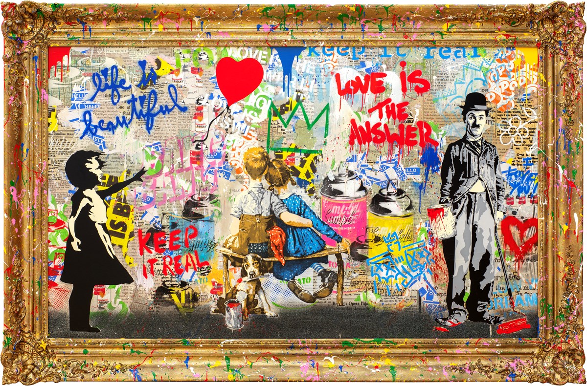 Colorful collage with text and figures, framed in gold.
XL artwork

Works Well Together

Work Well Together

street art

spray can

romantic

portrait

Pop Wall

pop art

painting

original

Mr. Brainwash

love

contemporary art

colourful

For Sale Surrey 