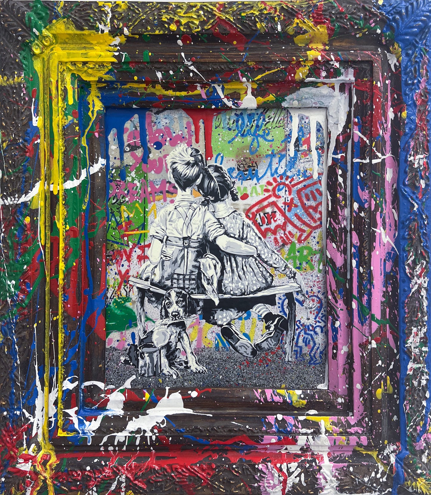 Artistic depiction of a woman sitting on a bench with a colorful, abstract frame.

Works Well Together

street art

spray can

romantic

portrait

pop art

painting

original

Mr. Brainwash

love

contemporary art

colourful

For Sale Berkshire