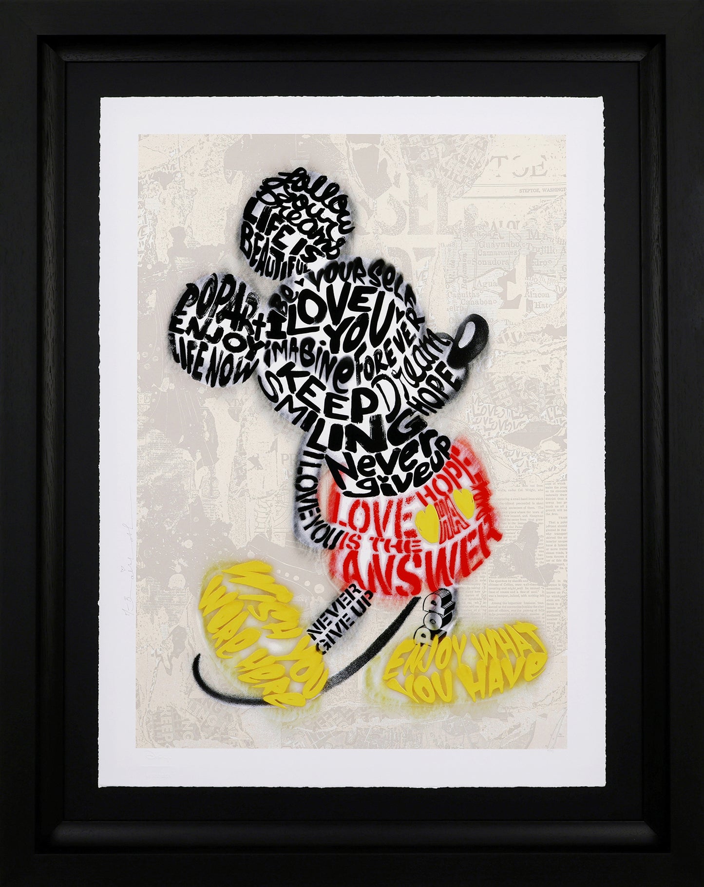 Framed artwork of a stylized shoe design made from cut-out letters on a textured background.

Written in Love

street art

spray can

portrait

pop art

nostalgic

Mr. Brainwash

Minnie Mouse

Mickey Mouse

love

global release

gift ideas

Exclusive

edition

Disney x Mr Brainwash

Disney

contemporary art

cityscape

Christmas

For Sale Framed Artwork Surrey 