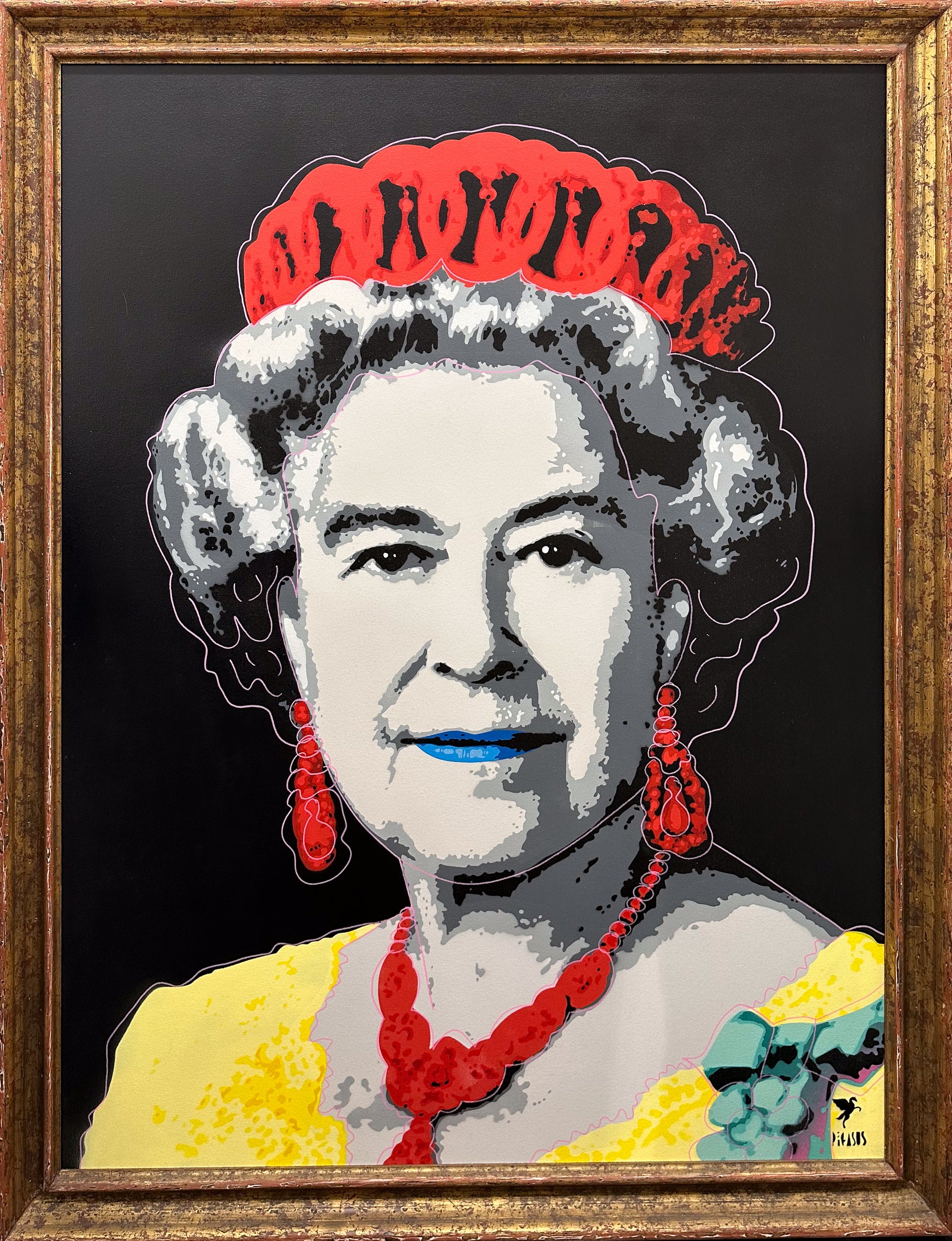 Framed artwork of a stylized portrait with bold colours on a black background

street art

spray can

Queen Elizabeth II | Green

Queen Elizabeth II

Queen

portrait

pop art

painting

original

contemporary art

colourful

British

Andy Warhol inspired
For Sale Berkshire 