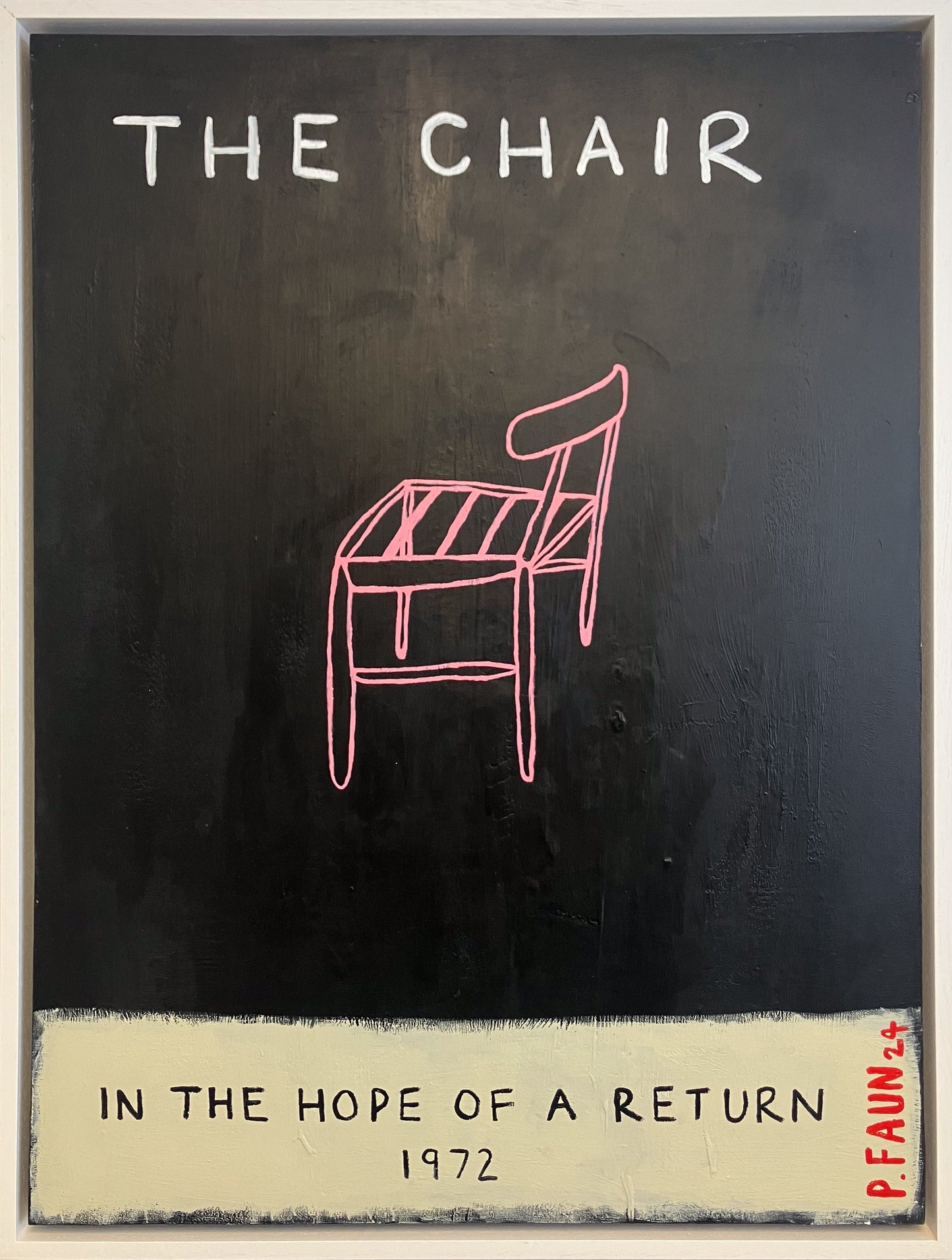 Artistic depiction of a chair on a black background with text and signature.

The Chair

text art

still life

portrait

Poppy Faun

pop art

original

contemporary art

For Sale Framed Artwork Surrey 