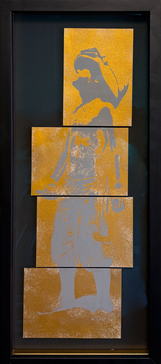 Artistic depiction of a figure on four yellow gold panels with a black border

war

street art

portrait

pop art

political art

original

fine art

edition

contemporary art

camouflage

Boy Soldier | Gold Panels

Boy Soldier

Schoony 

For Sale Framed Artwork Surrey 