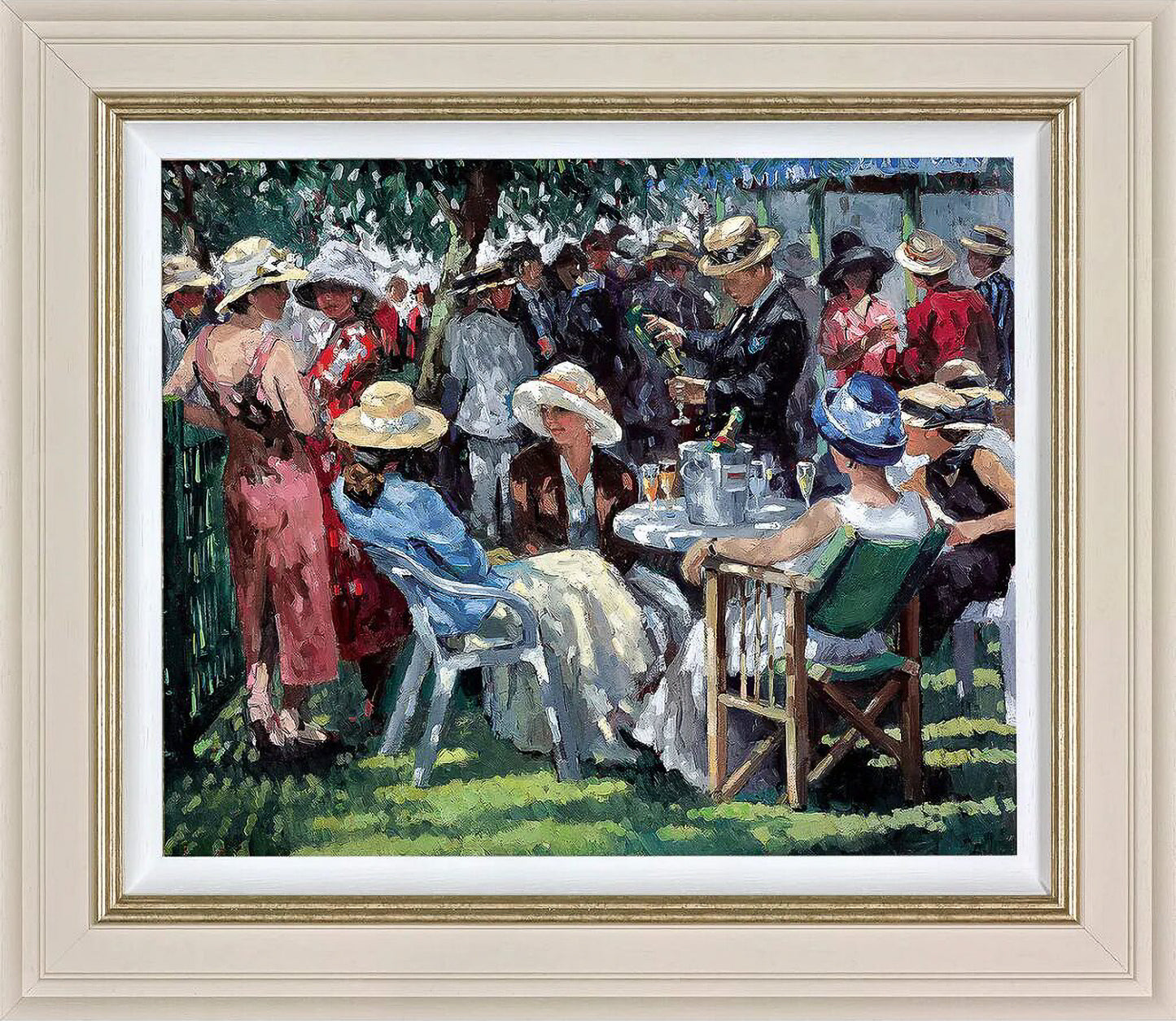 Framed artwork of a lively outdoor scene with people in hats and dresses.

society scenes

signed limited edition

Sherree Valentine Daines

portrait

painting

impressionist

Henley Regatta

fine art

edition

contemporary art

British

An Elegant Gathering

Framed Artwork For Sale Surrey 