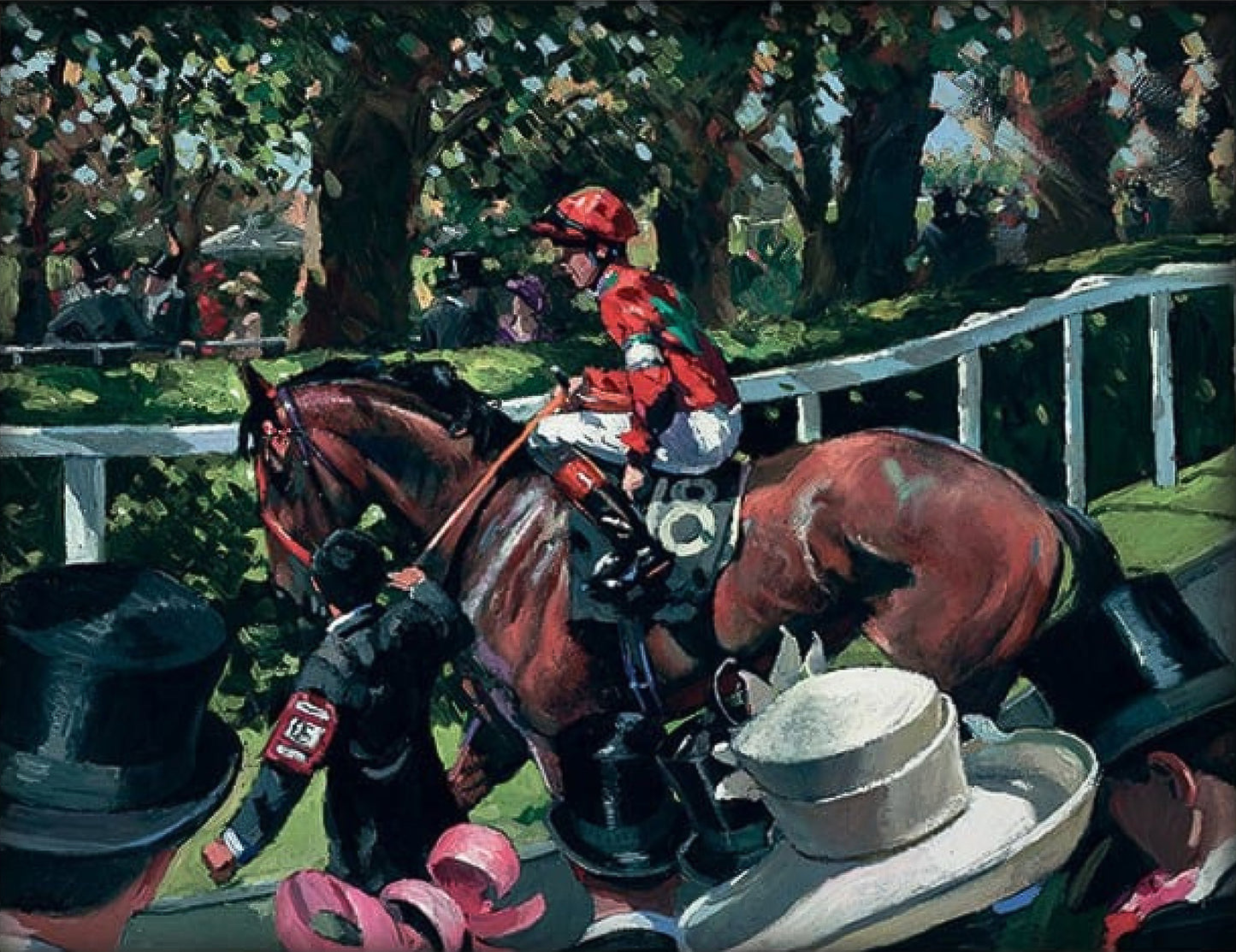 Painting of a jockey on a horse at a race track with spectators in the background

society scenes

signed limited edition

Sherree Valentine Daines

Royal Ascot Ladies Day II

Royal Ascot

portrait

painting

jockey

impressionist

fine art

edition

contemporary art

British

Ascot Races

Ascot Race Day II

Ascot

For Sale Surrey Framed Artwork 