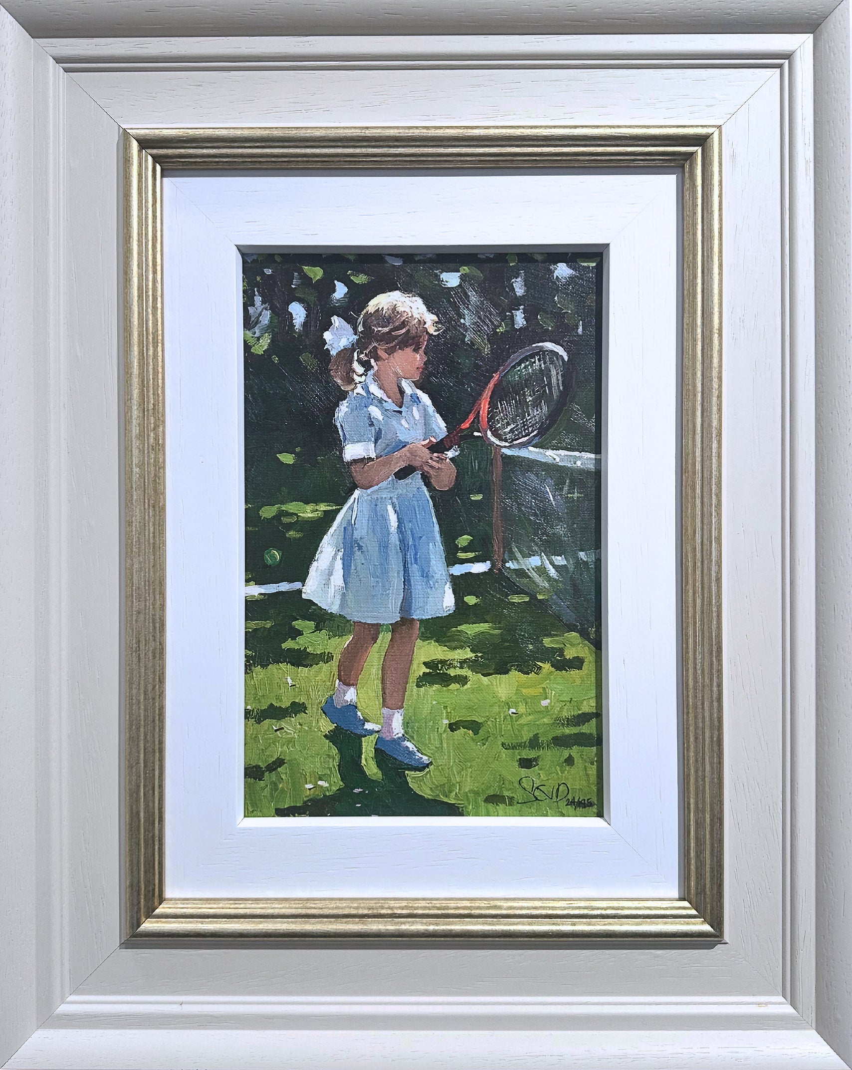 Framed painting of a young girl holding a tennis racket on grass.

tennis

society scenes

signed limited edition

Sherree Valentine Daines

Race Day Rendezvous

portrait

Playful Times

painting

impressionist

fine art

edition

contemporary art

British

For Sale London