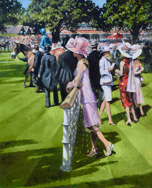 Artistic depiction of a woman in a pink dress and hat holding a walking stick on a grassy field with people and horses in the background.

society scenes

signed limited edition

Sherree Valentine Daines

Royal Ascot

portrait

painting

impressionist

fine art

edition

contemporary art

British

Ascot Races

Ascot

Framed Artwork For Sale London