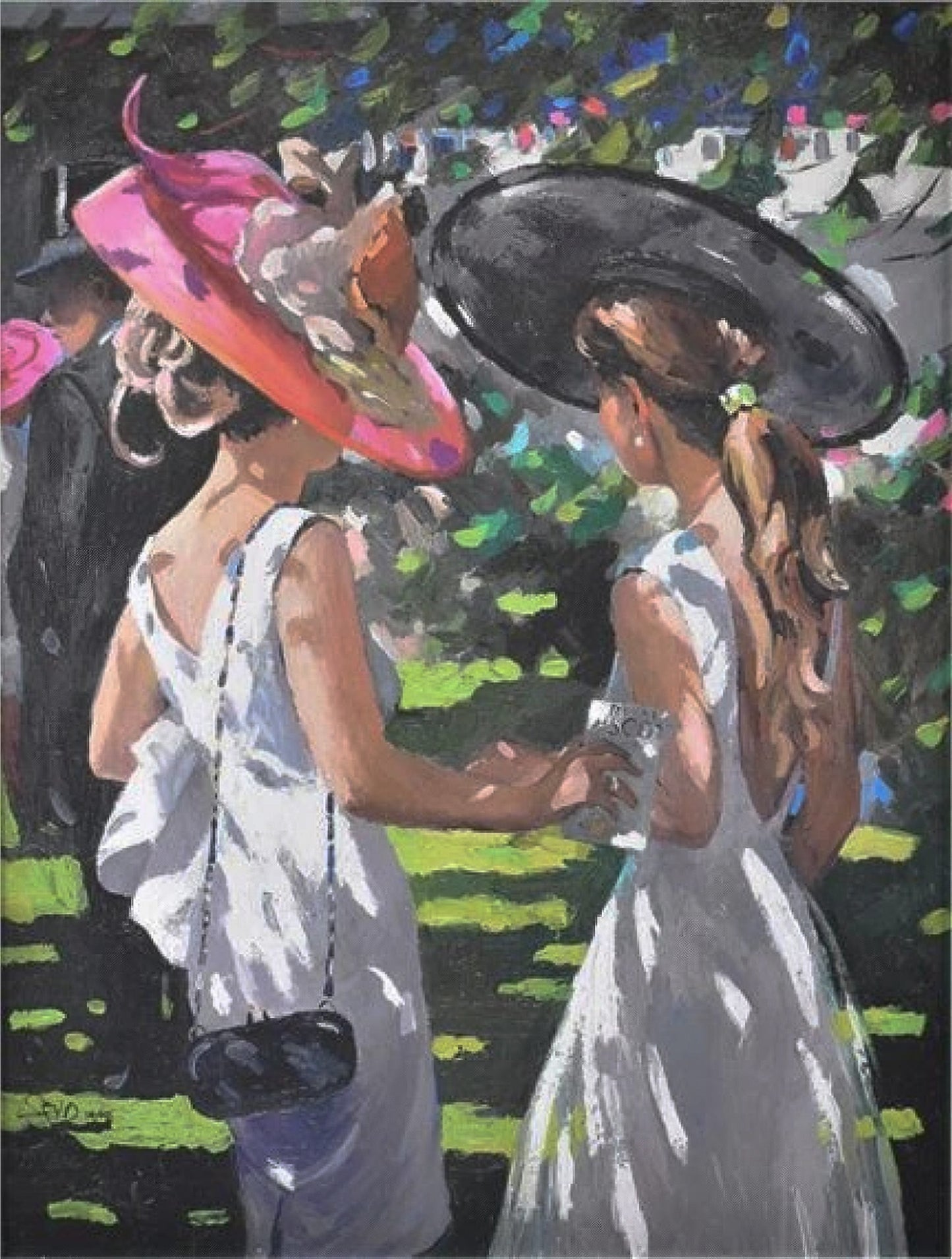 Two women in elegant hats and dresses standing close together, surrounded by colourful abstract elements.

society scenes

signed limited edition

Sherree Valentine Daines

Royal Ascot Ladies Day I

Royal Ascot

portrait

painting

impressionist

fine art

edition

contemporary art

British

Ascot Races

Ascot

For Sale Framed Artwork Surrey 