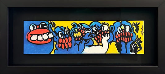 Slawn “Lagos” Worldwide 2024 screenprint featuring blue and red characters on a yellow background, hand-signed at Creed Gallery, serving Ascot and Sunningdale.
