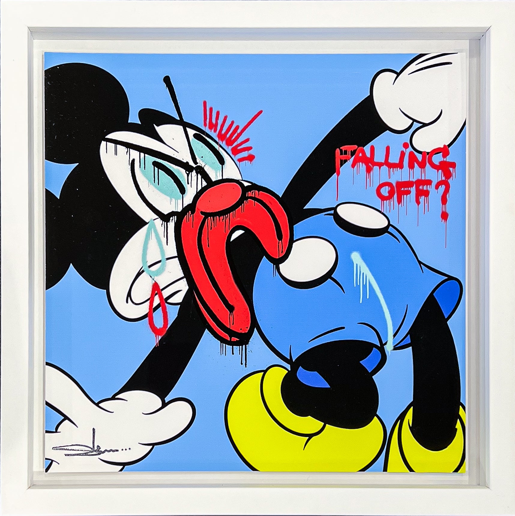 Cartoon character with a distressed expression on a blue background
street art spray can Slawn x Opake portrait pop art painting original Opake Mickey Sprout Mickey Mouse love emerging artist edition contemporary art colourful cartoon Framed Artwork For Sale Surrey 