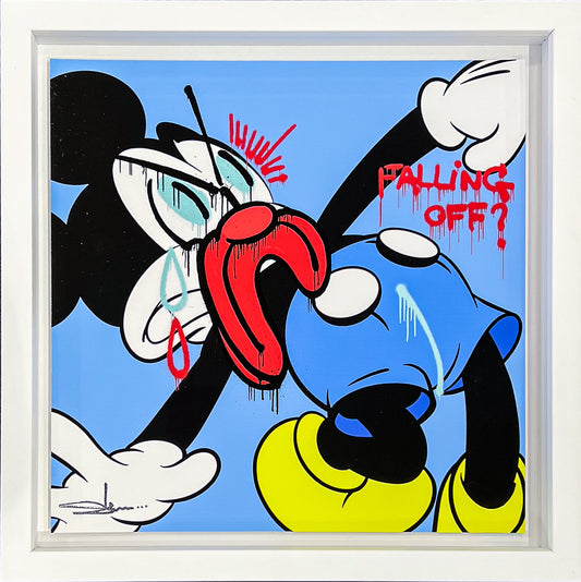 Cartoon character with a distressed expression on a blue background
street art spray can Slawn x Opake portrait pop art painting original Opake Mickey Sprout Mickey Mouse love emerging artist edition contemporary art colourful cartoon Framed Artwork For Sale Surrey 
