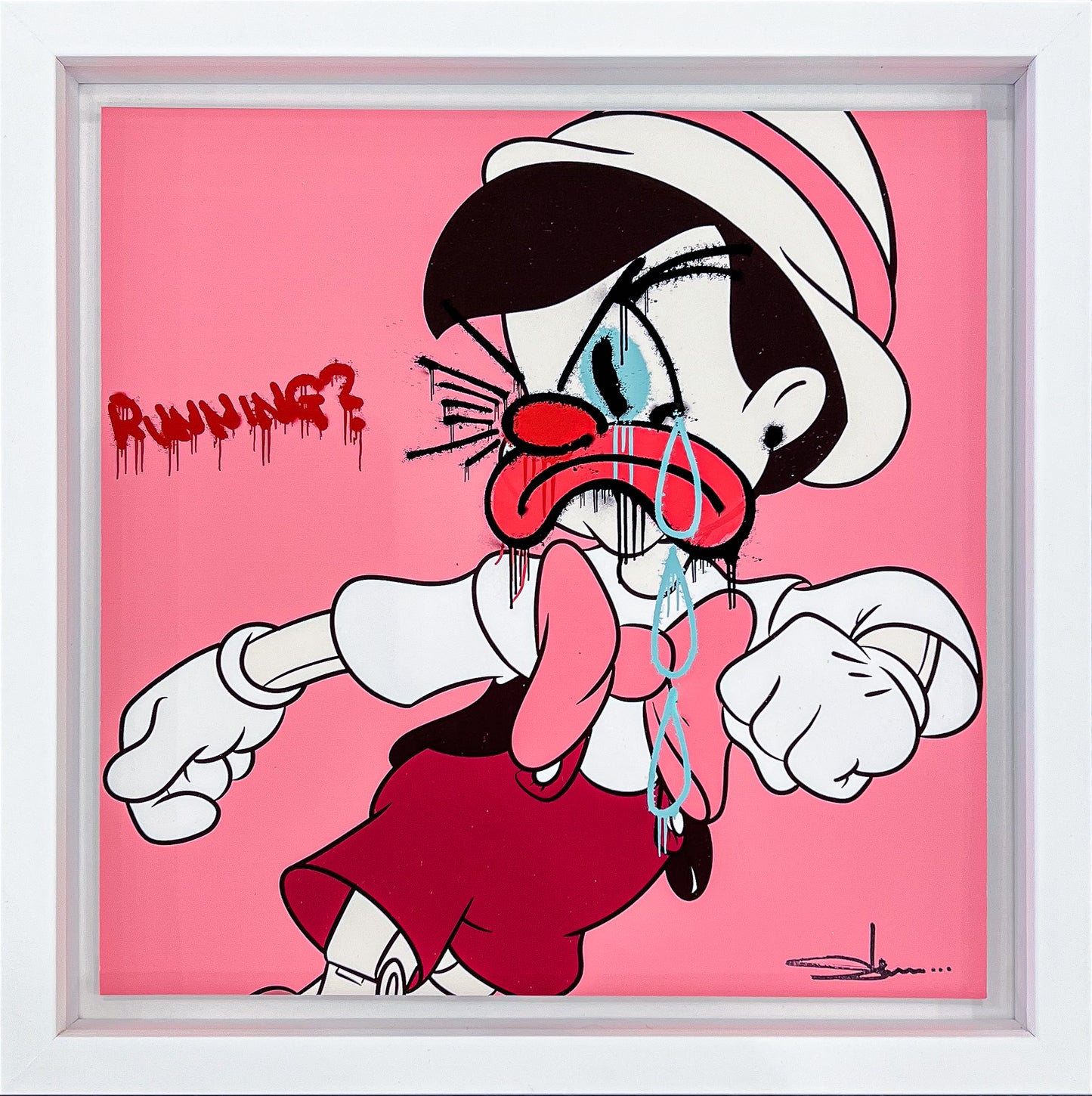 Cartoon character with a pink background and 'RUNNING?' text
street art spray can Slawn x Opake Slawn portrait pop art Pinocchio painting original Opake love emerging artist edition contemporary art colourful cartoon Berkshire Artwork Framed For Sale 