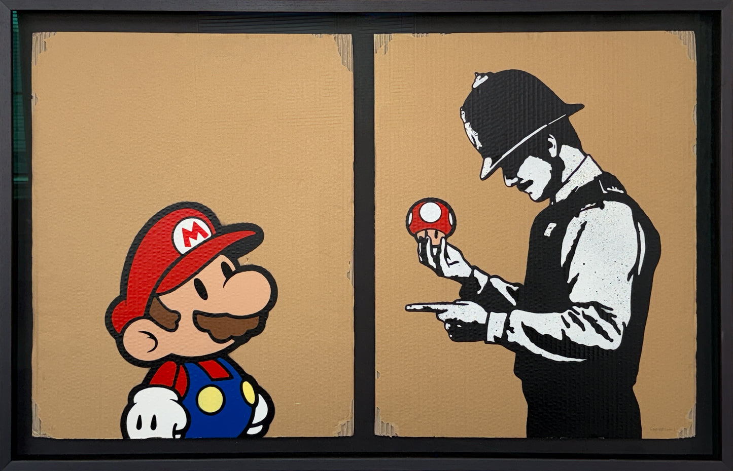  artwork featuring a cartoon character and a police officer on cardboard
TRUST. iCON Super Mario street art Stop and Search spray can romantic rare portrait pop art painting original love edition contemporary art colourful For Sale Ascot Framed 