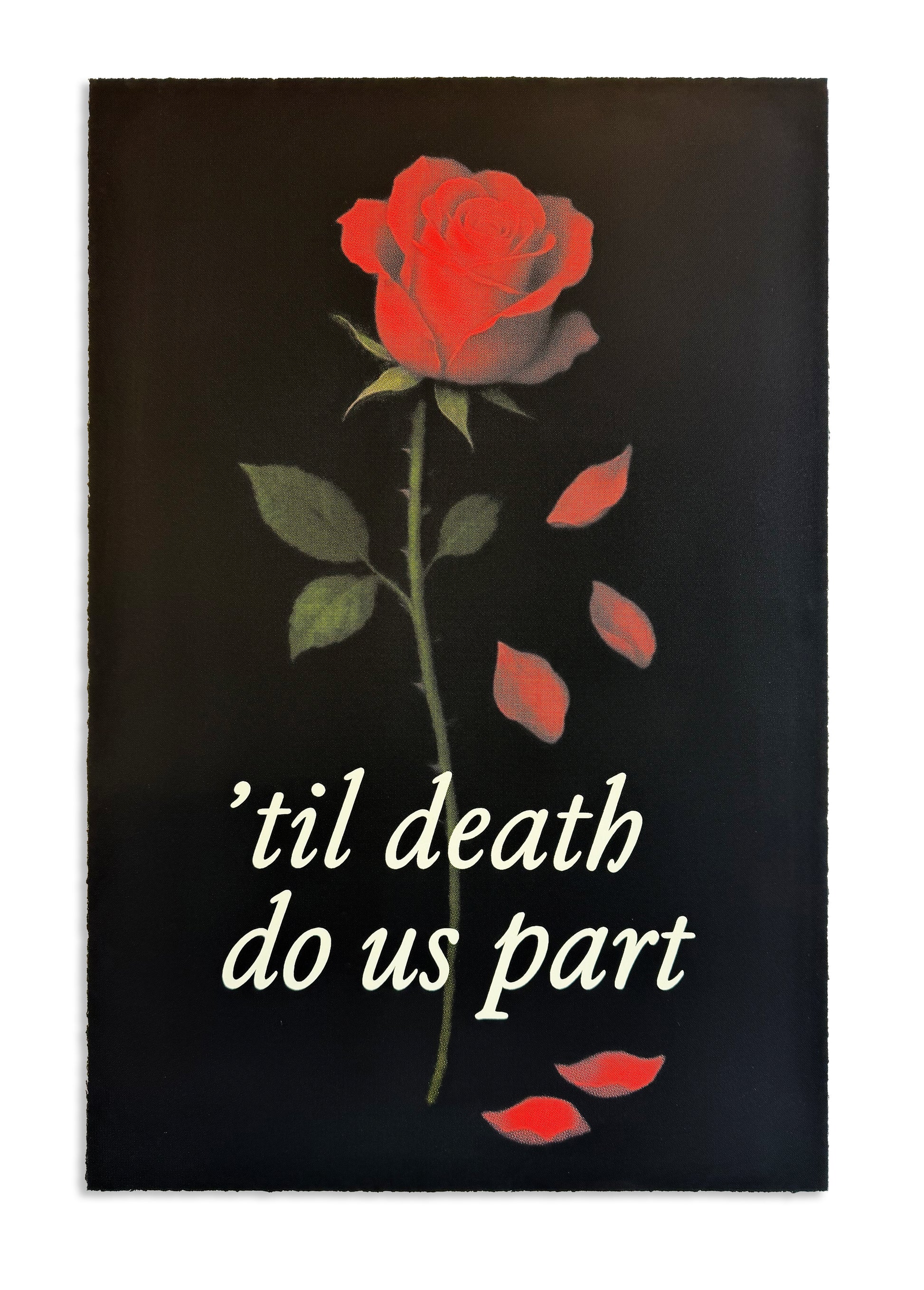 ’Til Death Do Us Part by The Saint, signed limited edition mixed-media fine art print featuring a rose with falling petals, exploring love, devotion, and impermanence.