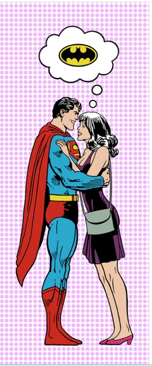 Superman and a woman embracing with a Batman logo in a thought bubble on a pink background
TRUST. iCON Superman street art spray can romantic portrait pop art painting love kiss It's Complicated edition contemporary art colourful Batman AP Surrey For Sale Framed Artwork 