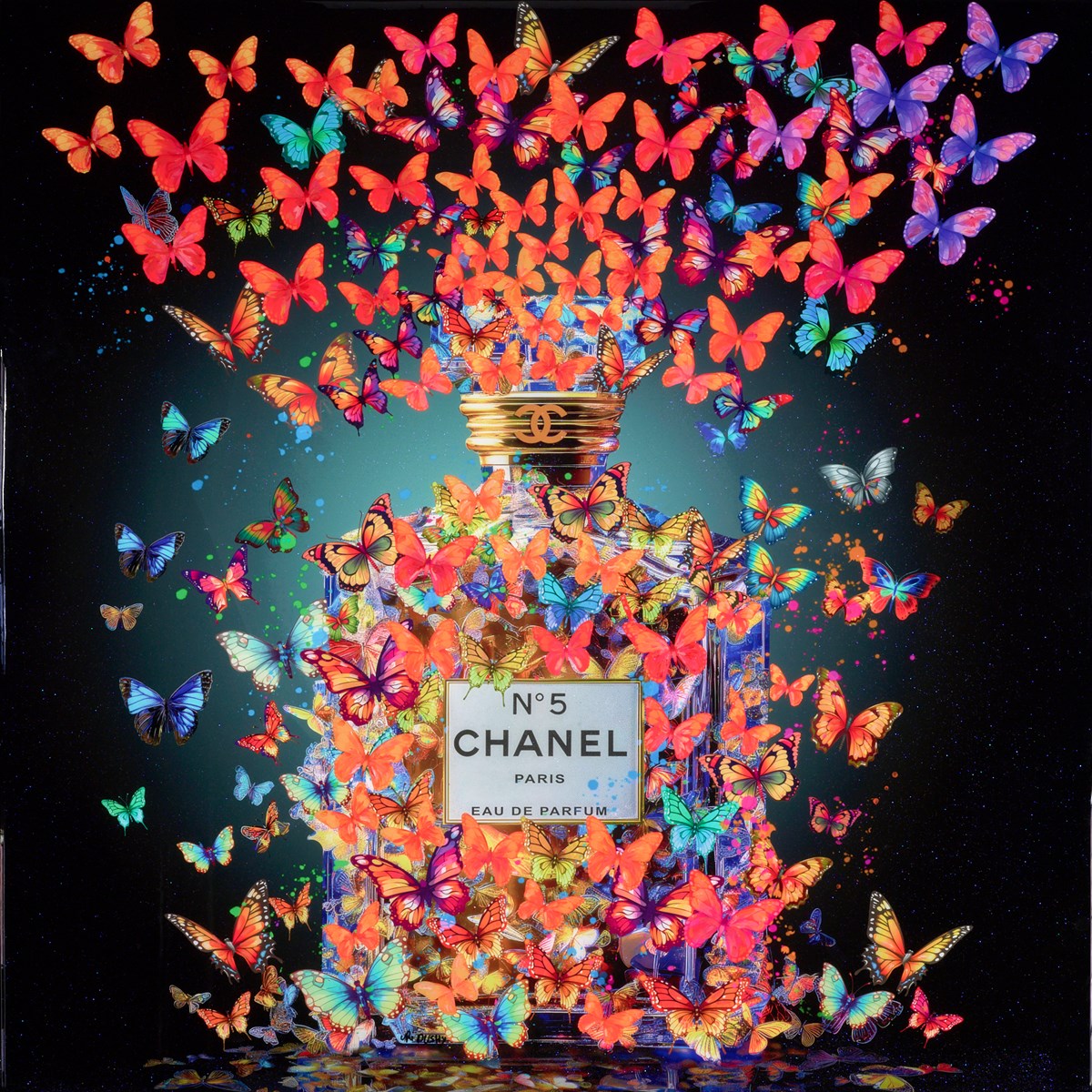 Chanel No. 5 perfume bottle surrounded by colorful butterflies on a dark background
Uri Dushy

portrait

pop art

painting

original

optical illusion

love

Louis Vuitton

icons

Handbags and Butterflies

Essence of Flight

contemporary art

colourful

Chanel No.5

Chanel 5

Framed Artwork Surrey For Sale 
