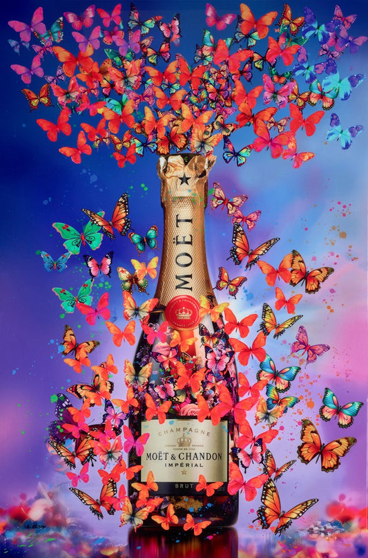 Moet & Chandon champagne bottle surrounded by colorful butterflies on a vibrant background
Uri Dushy

portrait

pop art

Papillon Flight

painting

original

optical illusion

Moet

love

icons

contemporary art

colourful

Champagne

Framed Ascot Artwork For Sale 