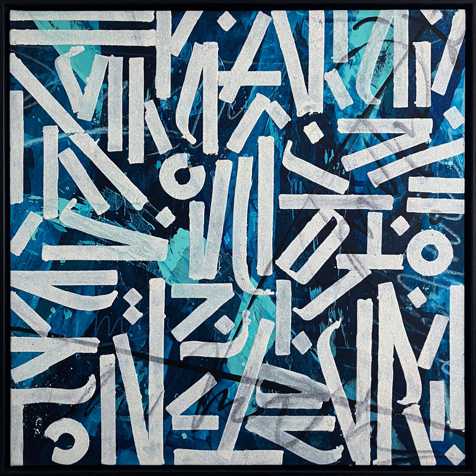 Kate Paul White on Blue II original mixed media abstract calligraphy, Creed Gallery Ascot, Berkshire.