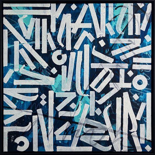 Kate Paul White on Blue II original mixed media abstract calligraphy, Creed Gallery Ascot, Berkshire.