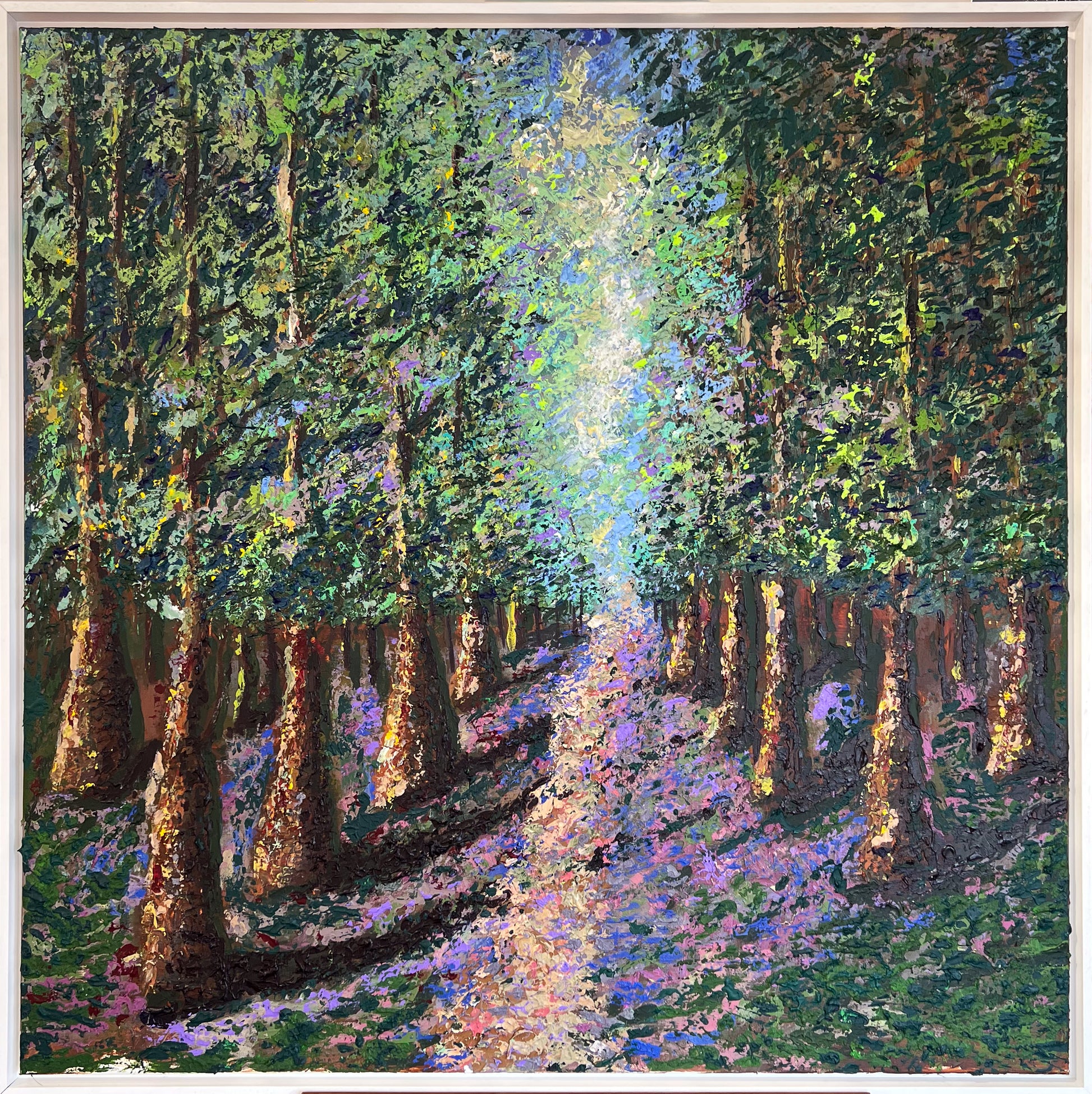 Helena Jay's original Light Between The Trees, layered ecological symbolism in the artist's signature palette