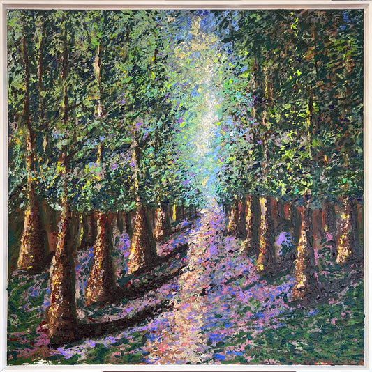 Helena Jay's original Light Between The Trees, layered ecological symbolism in the artist's signature palette