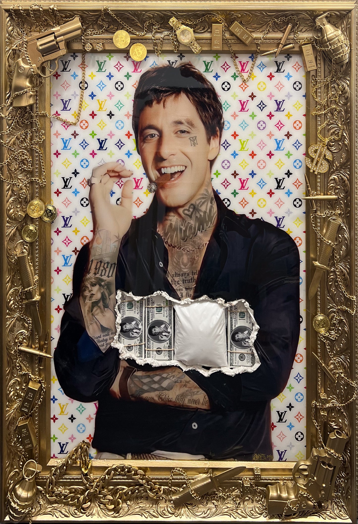 Ghost's I Got The Yayo, a tattooed figure against a Louis Vuitton monogram backdrop in a gold frame laden with resin-cast guns and chains