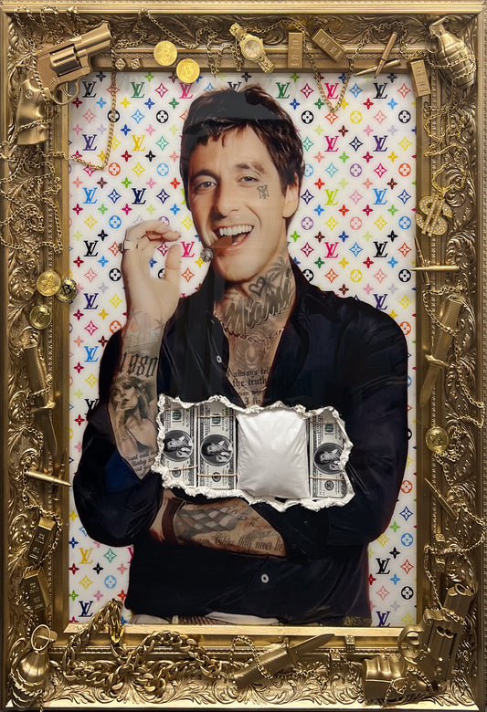 Ghost's I Got The Yayo, a tattooed figure against a Louis Vuitton monogram backdrop in a gold frame laden with resin-cast guns and chains