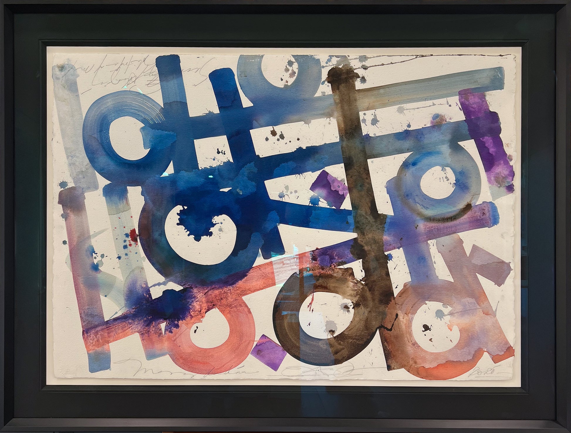 RETNA original watercolour on paper, interlocking circles in blue and terracotta, framed, Creed Gallery Ascot