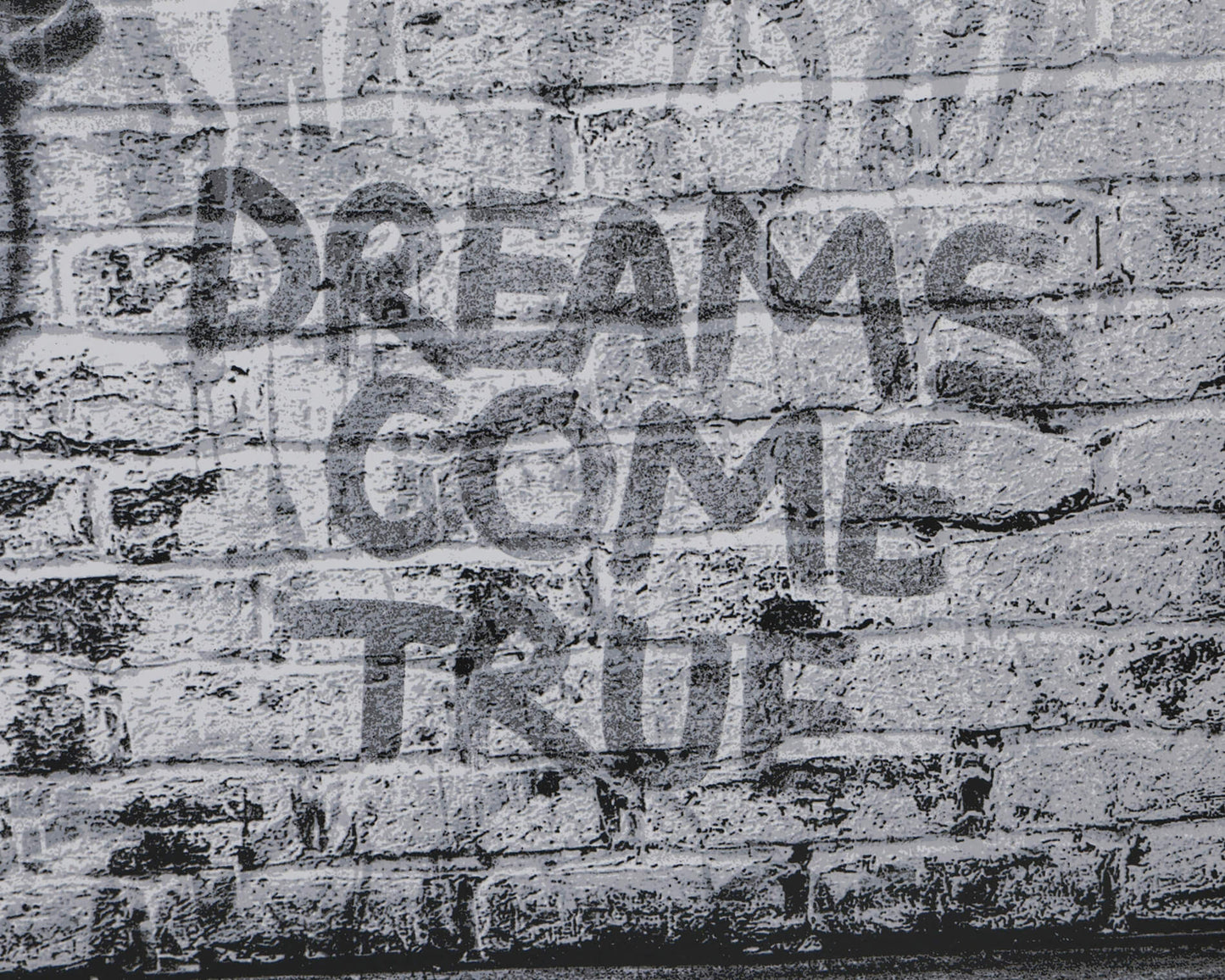 Close-up detail of the "Dreams Come True" Deluxe Edition artwork, highlighting the "Dreams Come True" text and dense layers of urban graffiti stencils. This Mr. Brainwash piece is printed on fine art paper and includes official studio stamps.