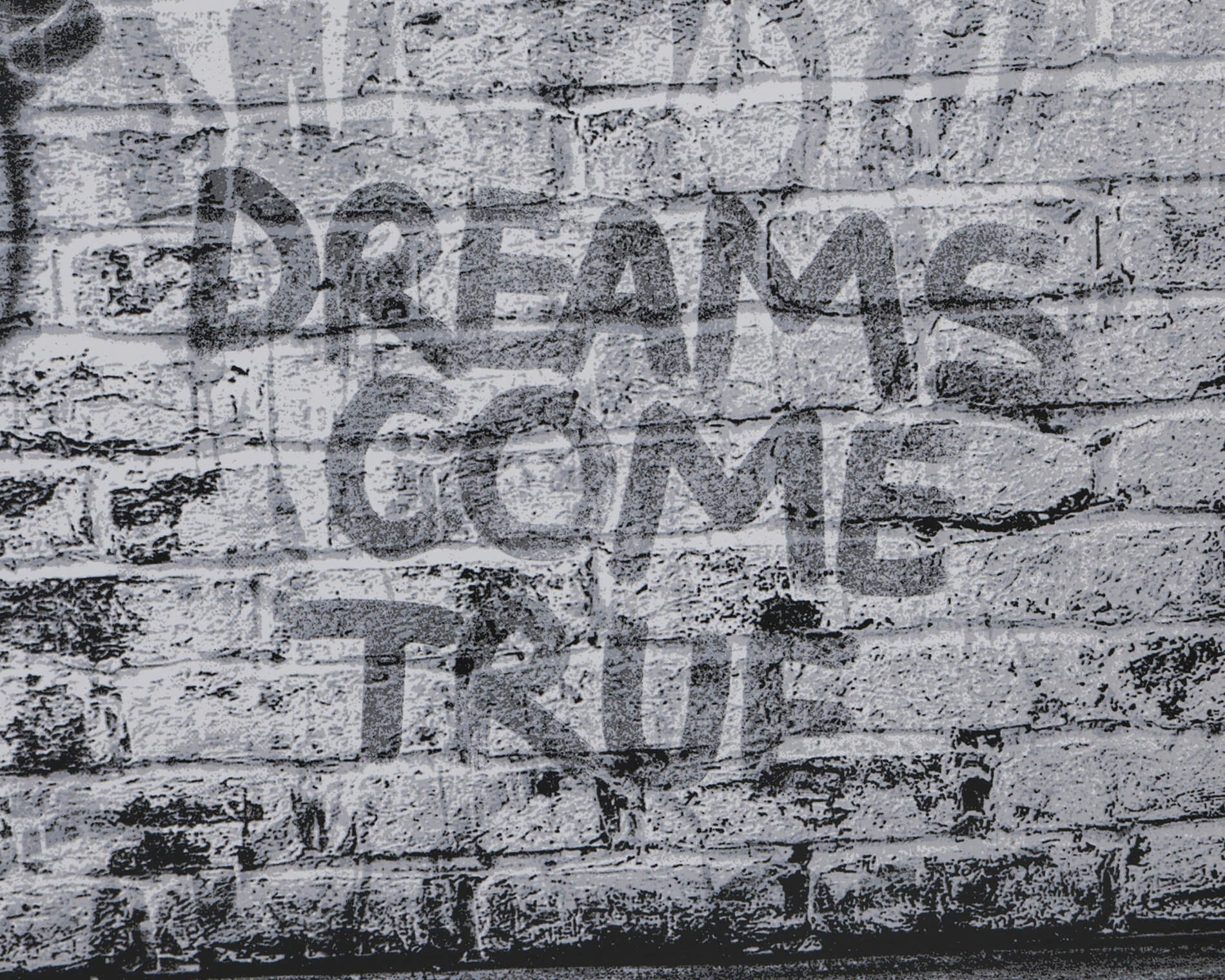Close-up detail of the "Dreams Come True" Deluxe Edition artwork, highlighting the "Dreams Come True" text and dense layers of urban graffiti stencils. This Mr. Brainwash piece is printed on fine art paper and includes official studio stamps.