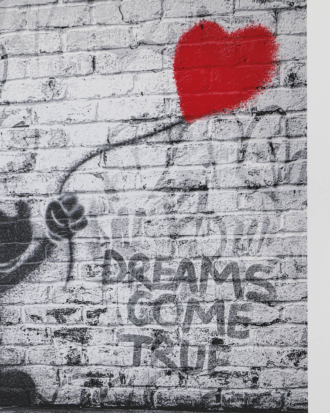 Close-up detail of the "Dreams Come True" print by Mr. Brainwash, focusing on the iconic red heart-shaped balloon and textured urban backgrounds. The image highlights the intricate graffiti stencils and the artist's signature "Life is Beautiful" street-art style.